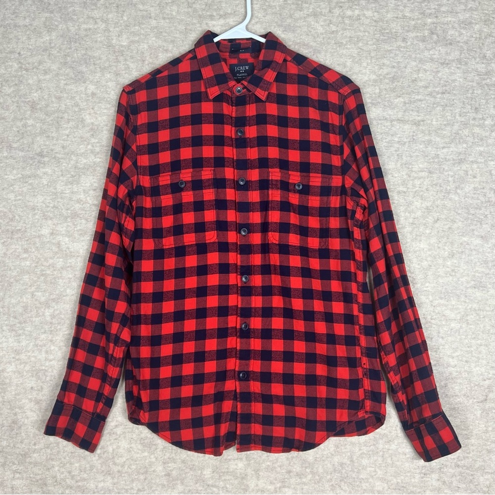 J. Crew Men's Red and Navy Blue Check Slim Fit Flannel Shirt - Size Small